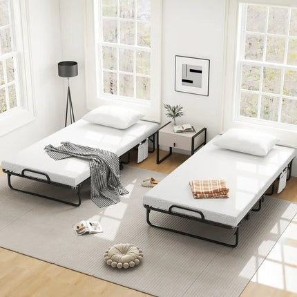 Twin Size Rollaway Guest Folding Bed with Mattress Sturdy Heavy Duty Frame - Black - Folding Beds