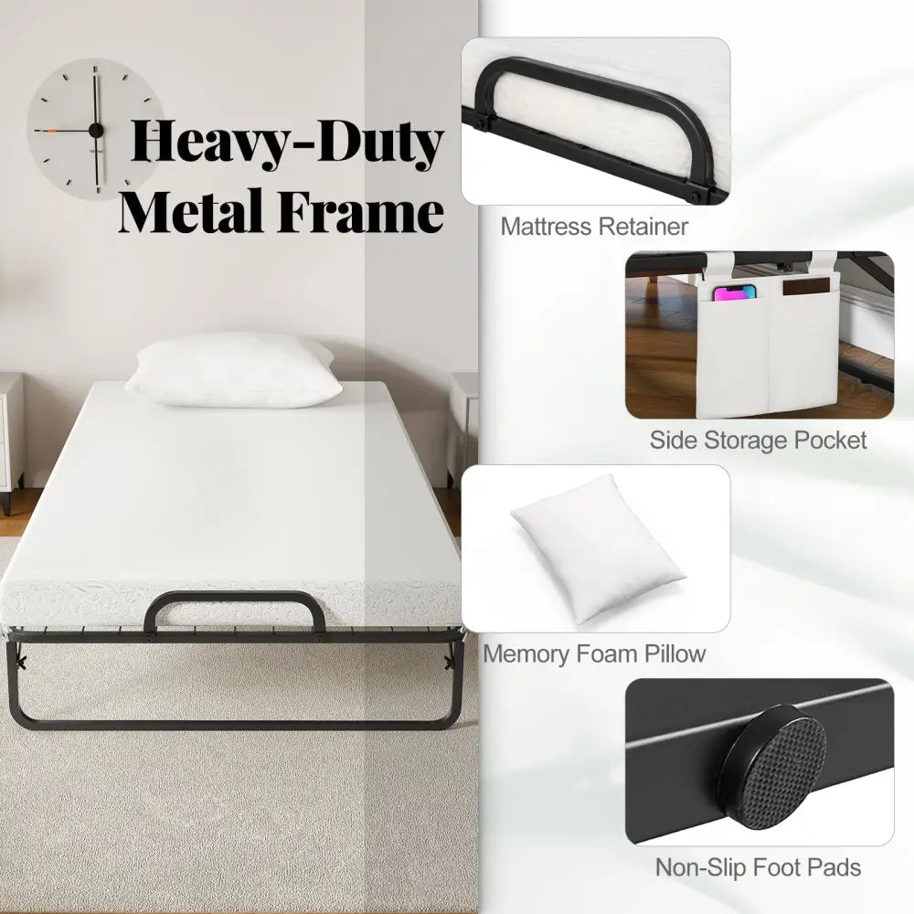 Twin Size Rollaway Guest Folding Bed with Mattress Sturdy Heavy Duty Frame - Black - Folding Beds