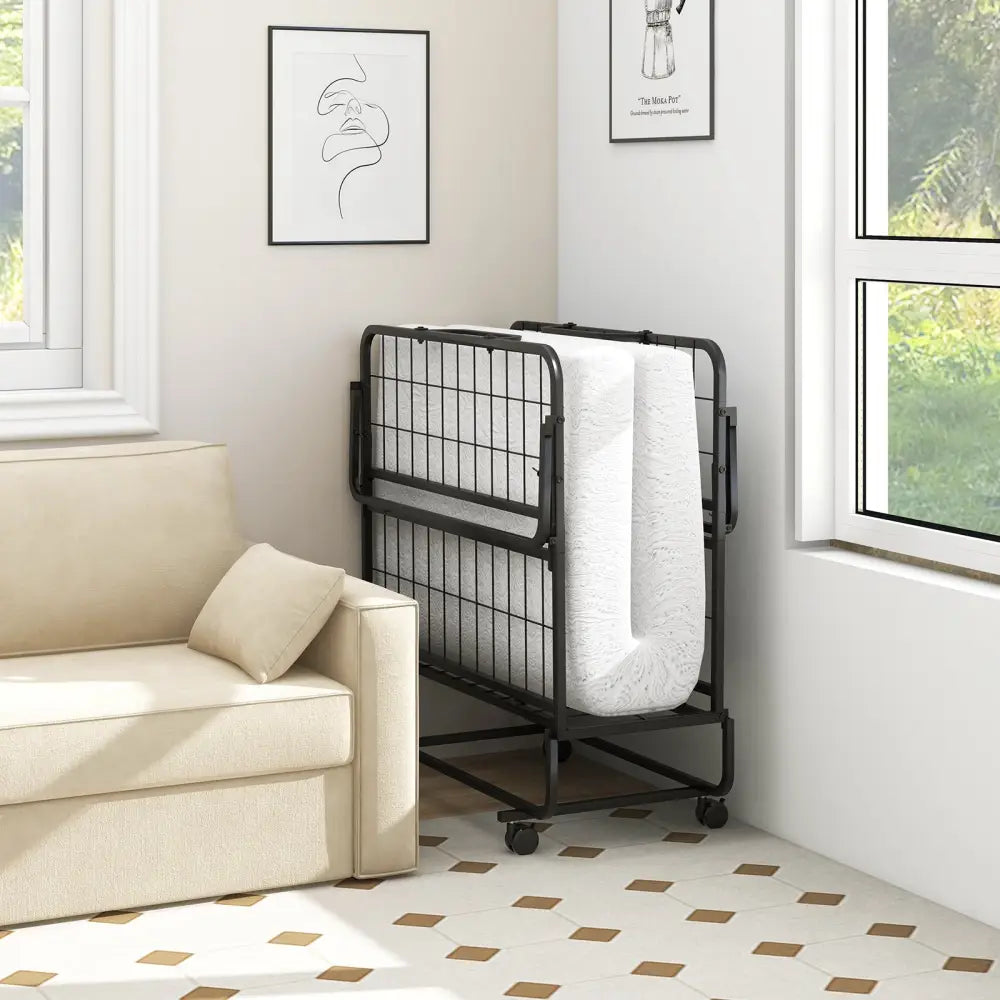 Twin Size Rollaway Guest Folding Bed with Mattress Sturdy Heavy Duty Frame - Black - Folding Beds