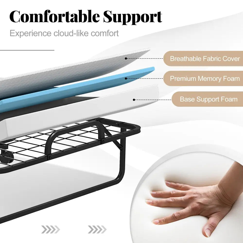Twin Size Rollaway Guest Folding Bed with Mattress Sturdy Heavy Duty Frame - Black - Folding Beds