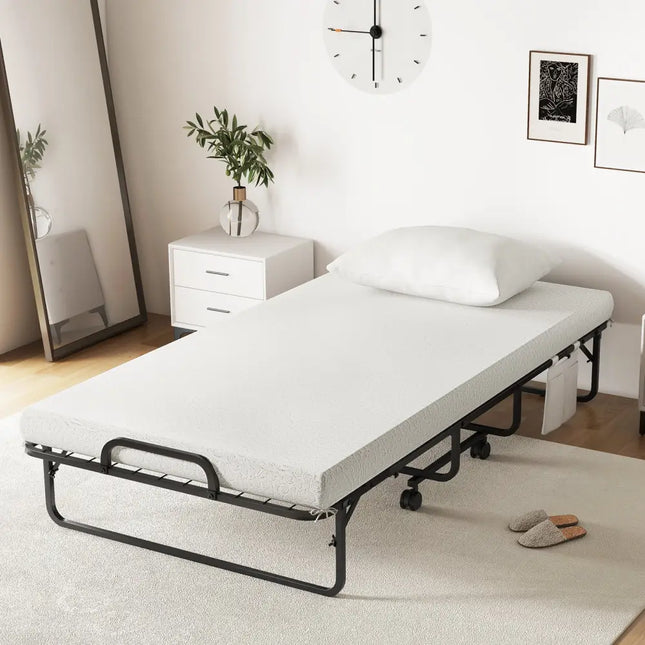 Twin Size Rollaway Guest Folding Bed with Mattress Sturdy Heavy Duty Frame - Black - Folding Beds