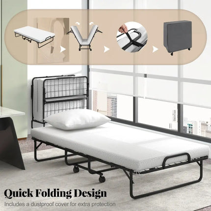 Twin Size Rollaway Guest Folding Bed with Mattress Sturdy Heavy Duty Frame - Black - Folding Beds