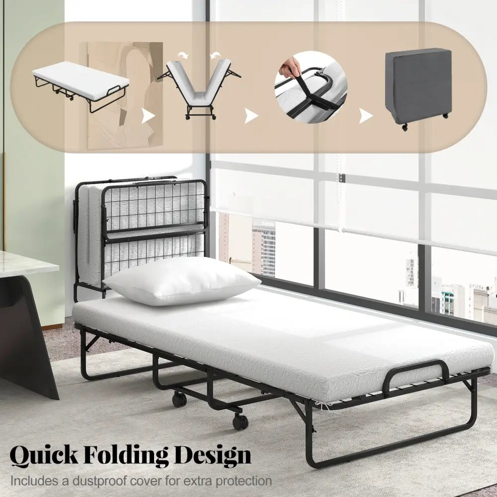 Twin Size Rollaway Guest Folding Bed with Mattress Sturdy Heavy Duty Frame - Black - Folding Beds
