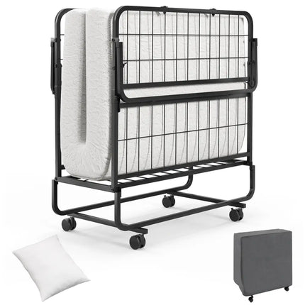 Twin Size Rollaway Guest Folding Bed with Mattress Sturdy Heavy Duty Frame - Black - Folding Beds