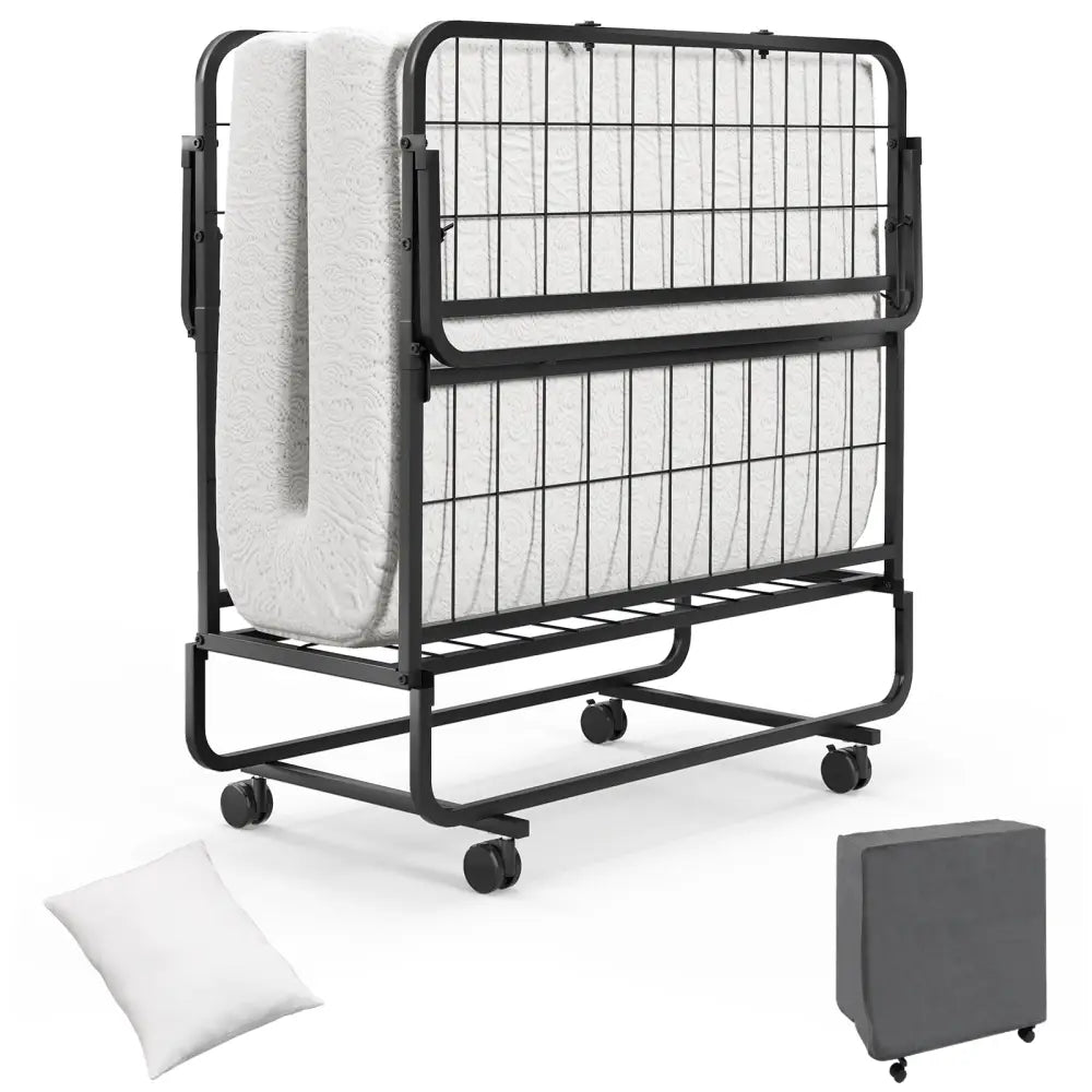 Twin Size Rollaway Guest Folding Bed with Mattress Sturdy Heavy Duty Frame - Black - Folding Beds