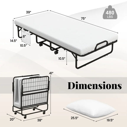 Twin Size Rollaway Guest Folding Bed with Mattress Sturdy Heavy Duty Frame - Black - Folding Beds