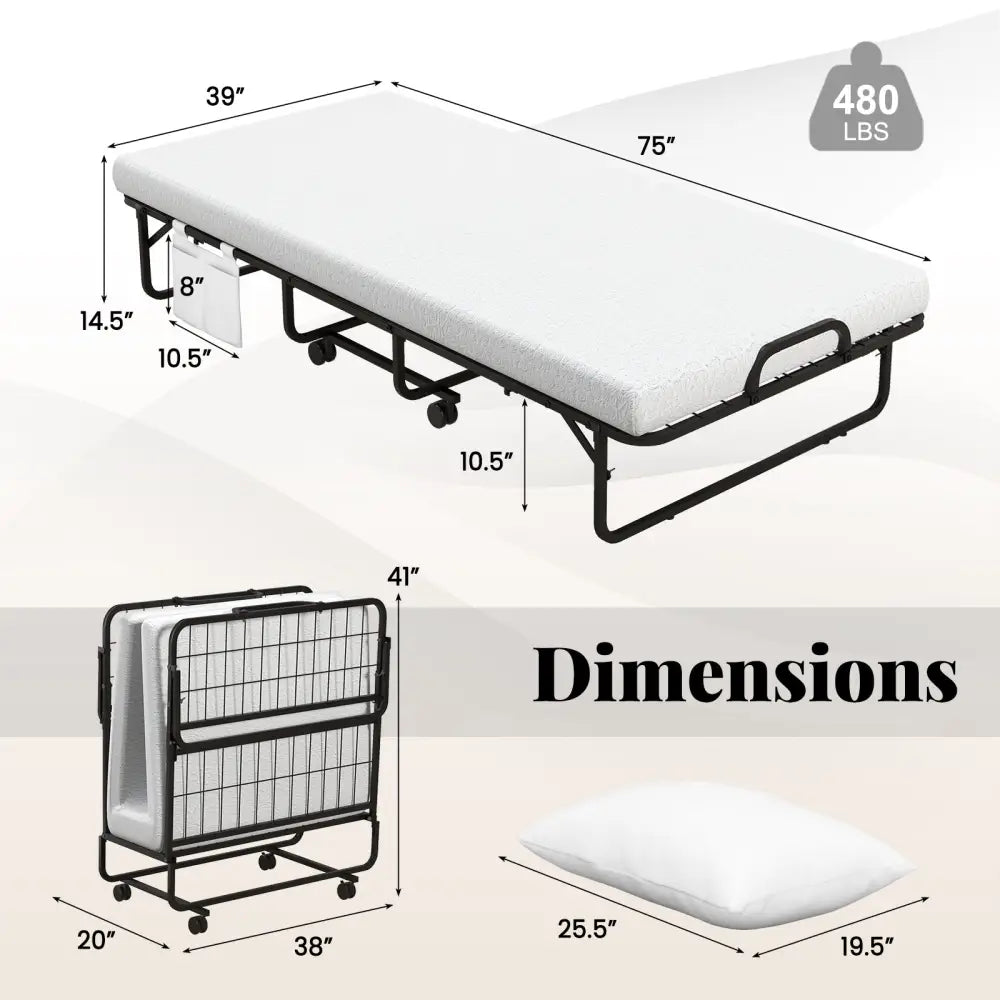 Twin Size Rollaway Guest Folding Bed with Mattress Sturdy Heavy Duty Frame - Black - Folding Beds