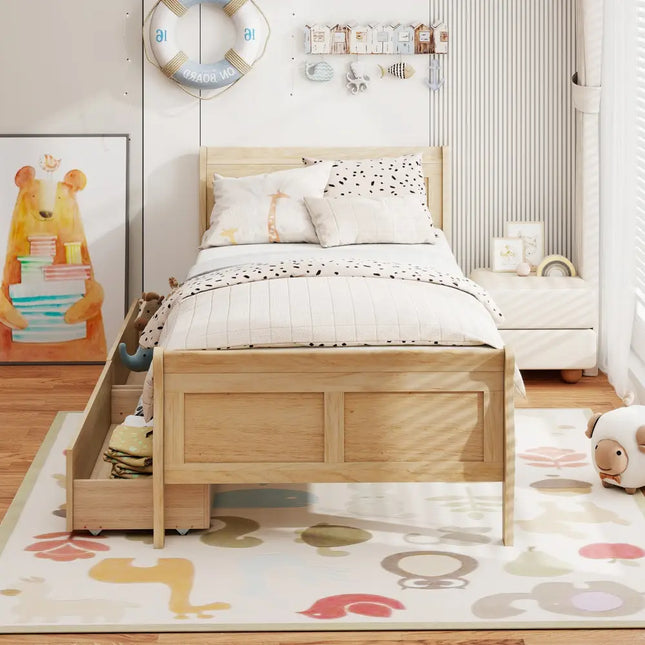 Twin Size Sleigh Bed with 2 Storage Drawers Wood Platform Bed Frame-Natural - Natural - Simple Bed Frame