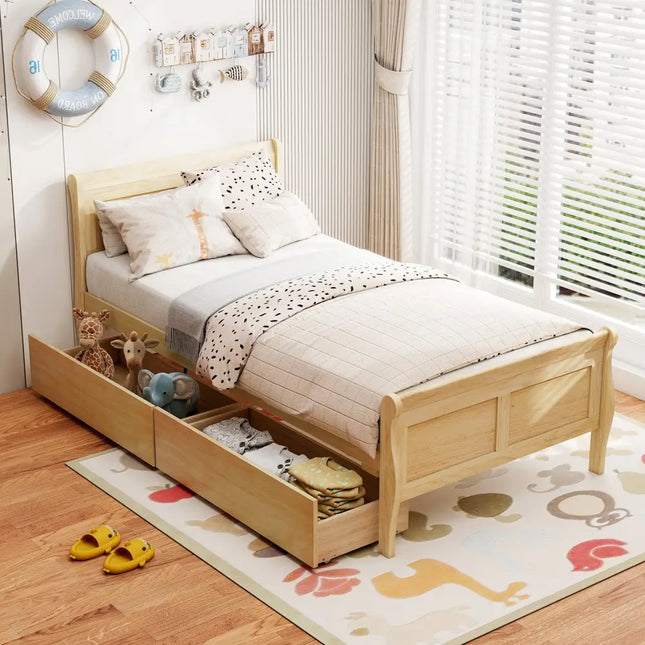 Twin Size Sleigh Bed with 2 Storage Drawers Wood Platform Bed Frame-Natural - Natural - Simple Bed Frame