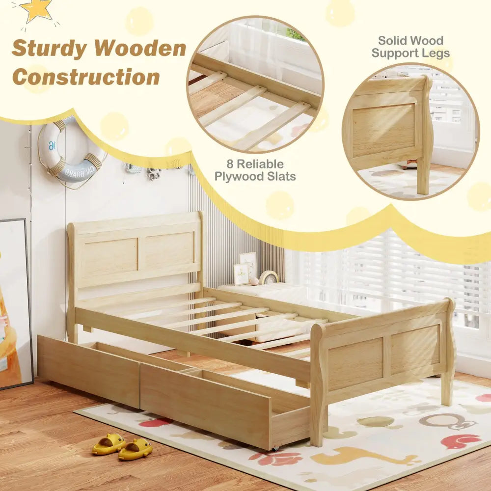 Twin Size Sleigh Bed with 2 Storage Drawers Wood Platform Bed Frame-Natural - Natural - Simple Bed Frame