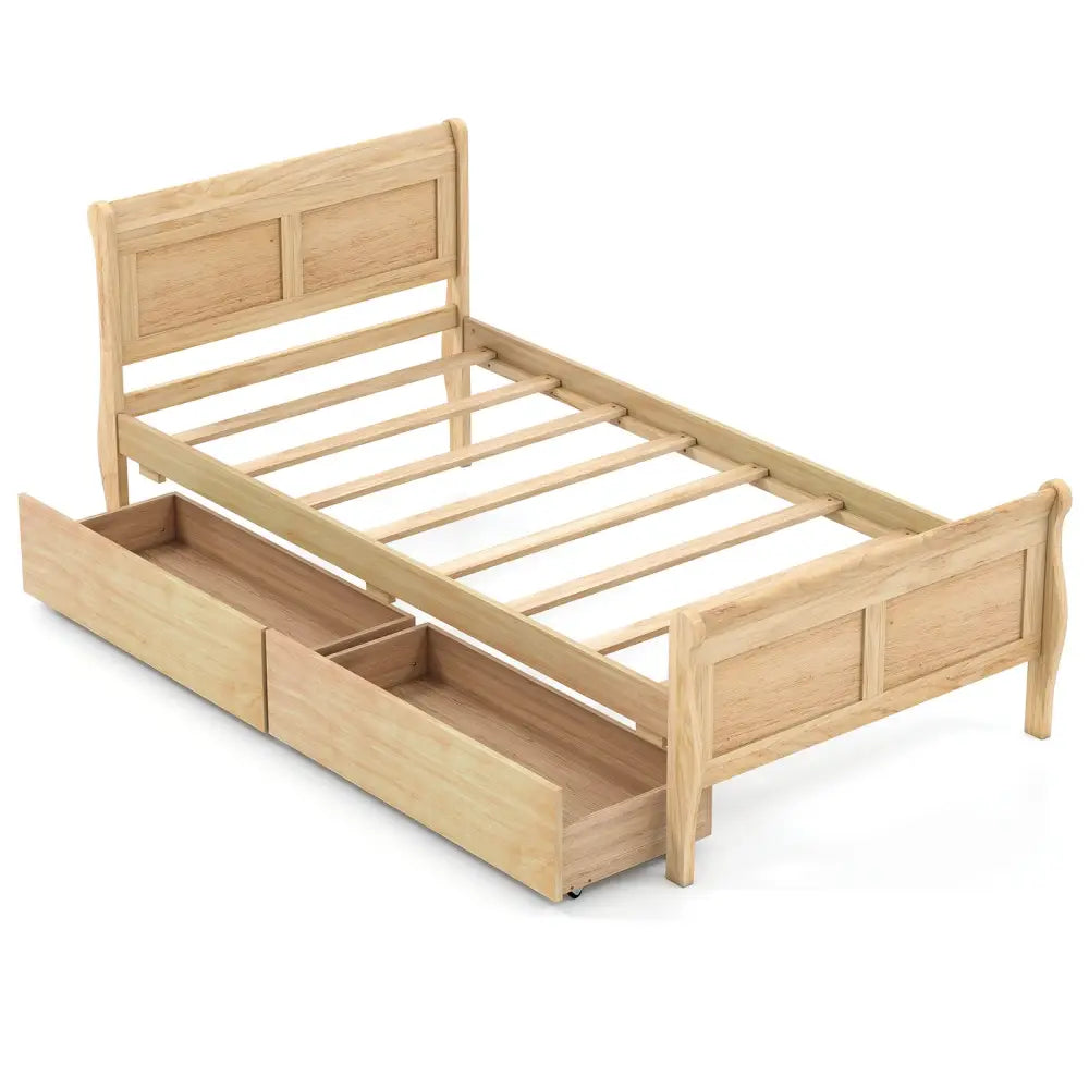 Twin Size Sleigh Bed with 2 Storage Drawers Wood Platform Bed Frame-Natural - Natural - Simple Bed Frame
