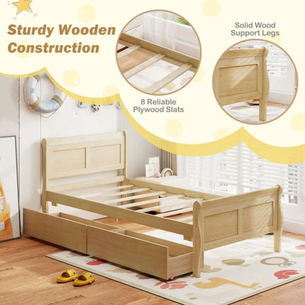 Twin Size Sleigh Bed with 2 Storage Drawers Wood Platform Bed Frame-Natural - Natural - Simple Bed Frame