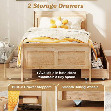 Twin Size Sleigh Bed with 2 Storage Drawers Wood Platform Bed Frame-Natural - Natural - Simple Bed Frame