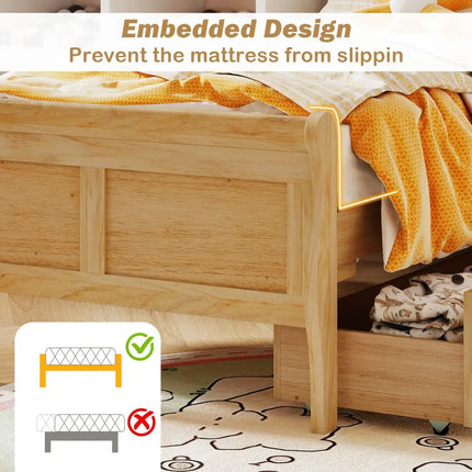 Twin Size Sleigh Bed with 2 Storage Drawers Wood Platform Bed Frame-Natural - Natural - Simple Bed Frame