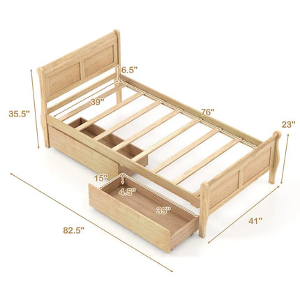 Twin Size Sleigh Bed with 2 Storage Drawers Wood Platform Bed Frame-Natural - Natural - Simple Bed Frame