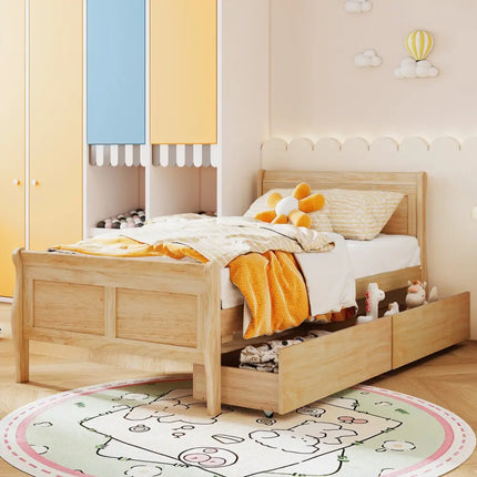 Twin Size Sleigh Bed with 2 Storage Drawers Wood Platform Bed Frame-Natural - Natural - Simple Bed Frame