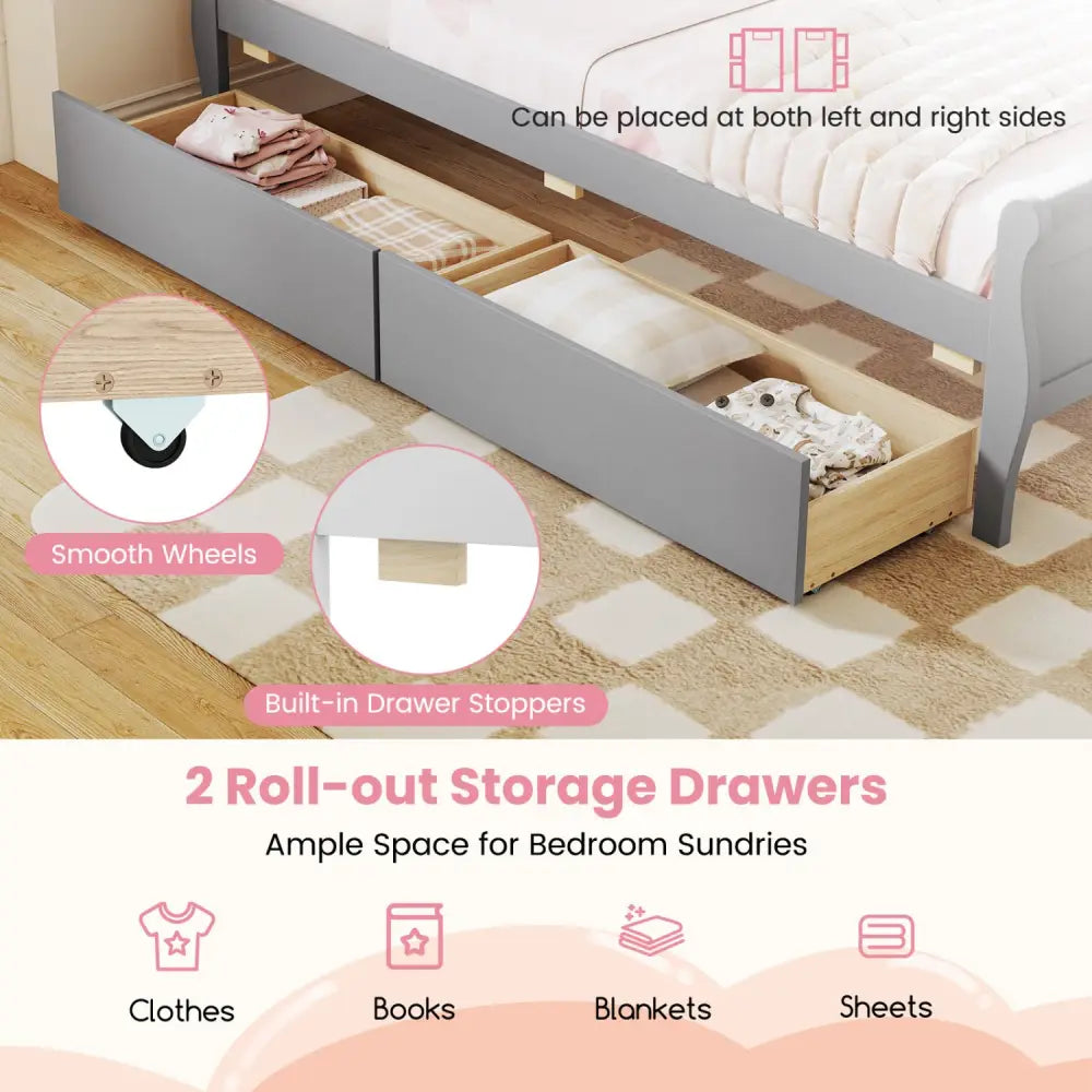 Twin Size Sleigh Bed with 2 Storage Drawers Wood Platform Bed Frame-Gray - Gray - Simple Bed Frame