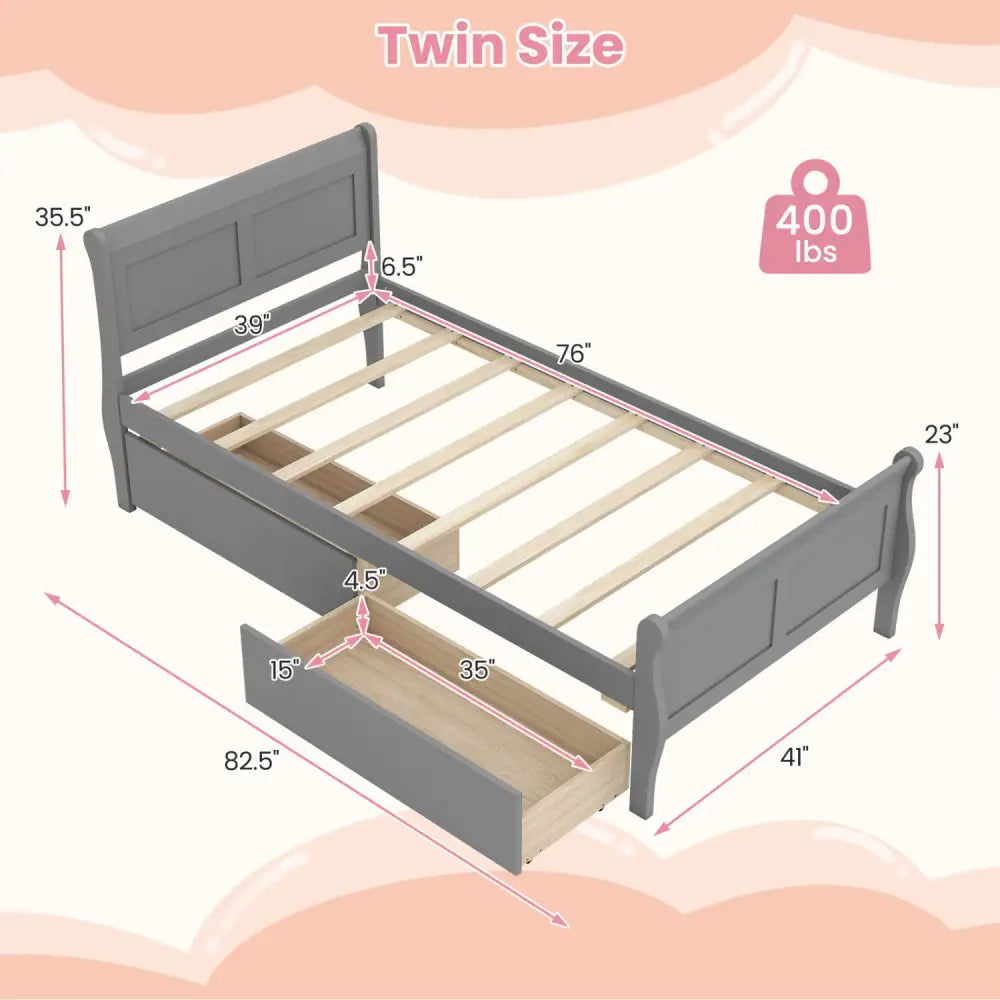 Twin Size Sleigh Bed with 2 Storage Drawers Wood Platform Bed Frame-Gray - Gray - Simple Bed Frame