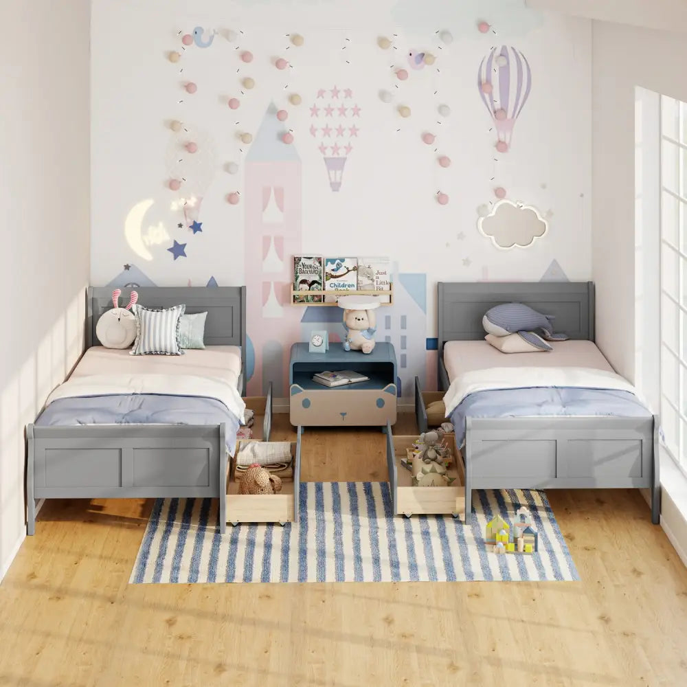 Twin Size Sleigh Bed with 2 Storage Drawers Wood Platform Bed Frame-Gray - Gray - Simple Bed Frame