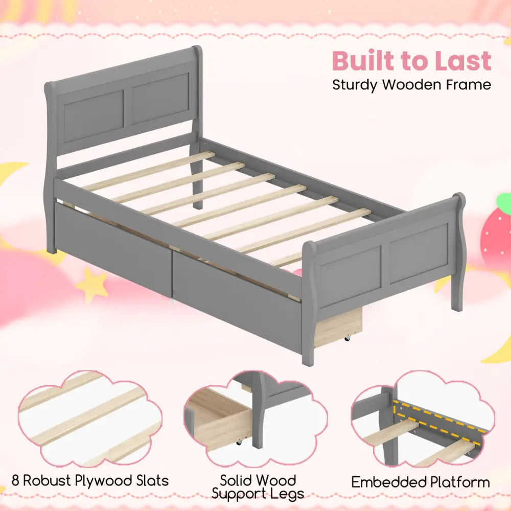 Twin Size Sleigh Bed with 2 Storage Drawers Wood Platform Bed Frame-Gray - Gray - Simple Bed Frame