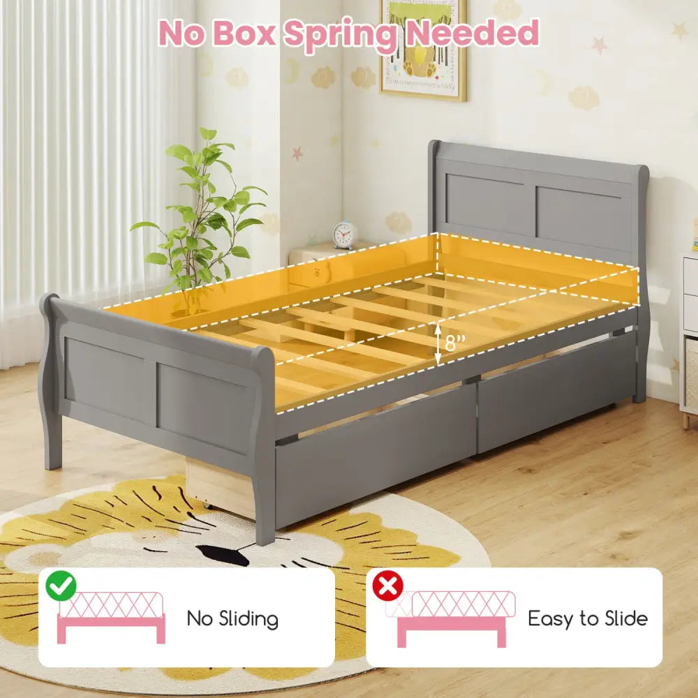 Twin Size Sleigh Bed with 2 Storage Drawers Wood Platform Bed Frame-Gray - Gray - Simple Bed Frame