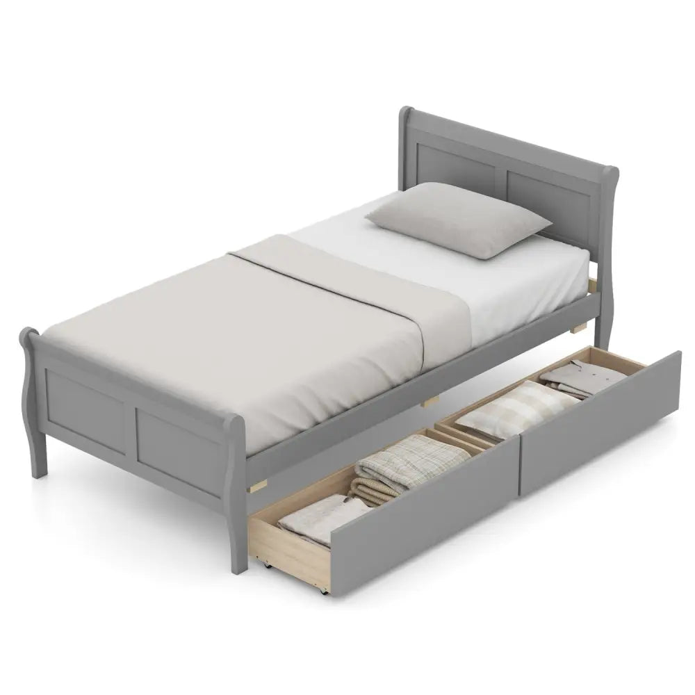 Twin Size Sleigh Bed with 2 Storage Drawers Wood Platform Bed Frame-Gray - Gray - Simple Bed Frame