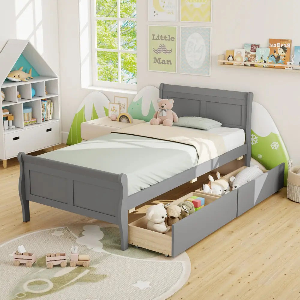 Twin Size Sleigh Bed with 2 Storage Drawers Wood Platform Bed Frame-Gray - Gray - Simple Bed Frame