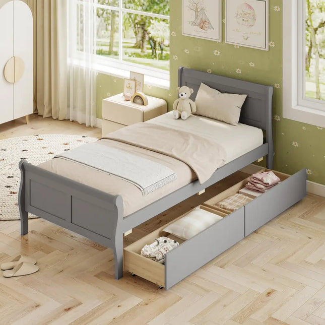 Twin Size Sleigh Bed with 2 Storage Drawers Wood Platform Bed Frame-Gray - Gray - Simple Bed Frame