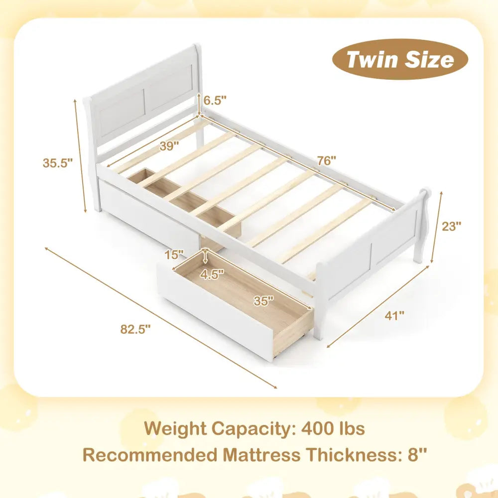Twin Size Sleigh Bed with 2 Storage Drawers Wood Platform Bed Frame-White - White - Simple Bed Frame