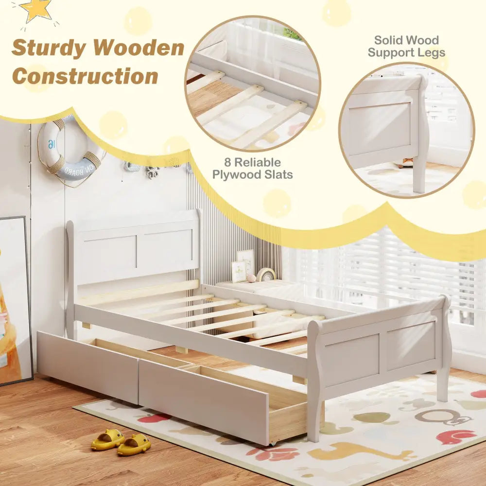 Twin Size Sleigh Bed with 2 Storage Drawers Wood Platform Bed Frame-White - White - Simple Bed Frame
