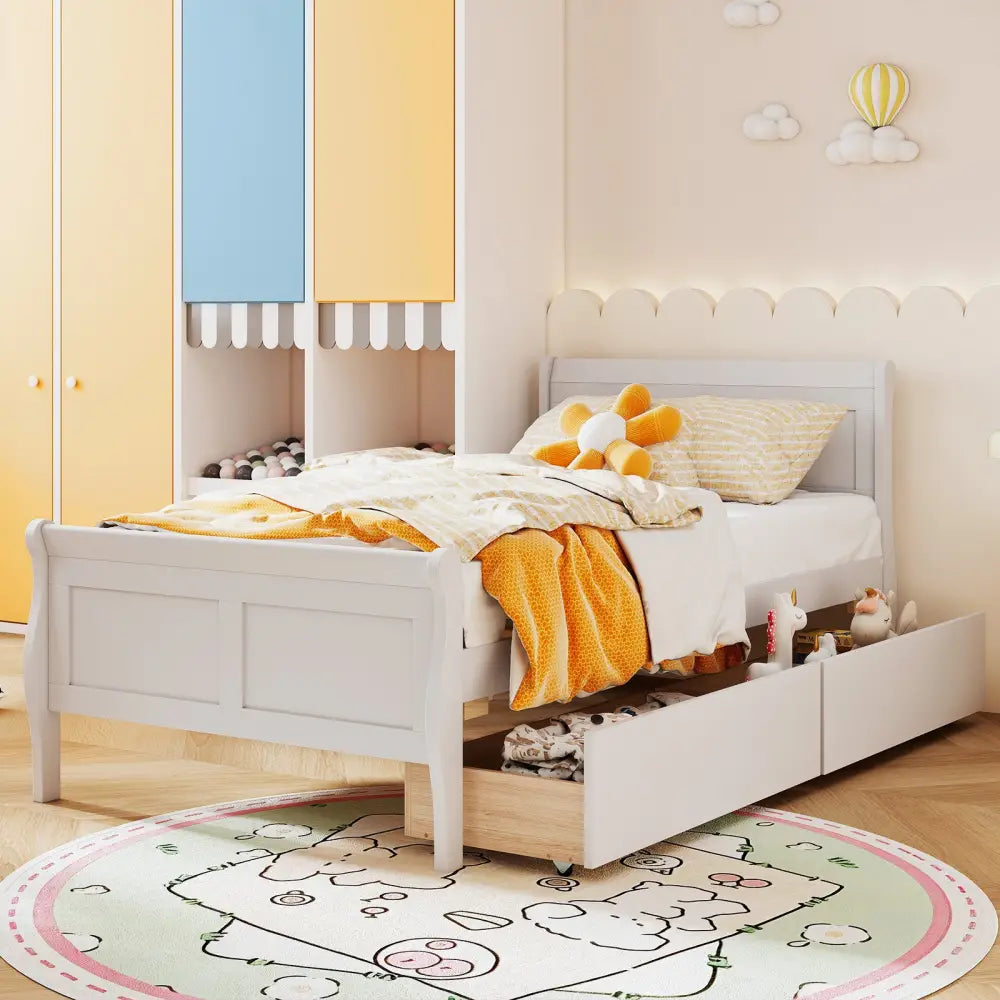 Twin Size Sleigh Bed with 2 Storage Drawers Wood Platform Bed Frame-White - White - Simple Bed Frame
