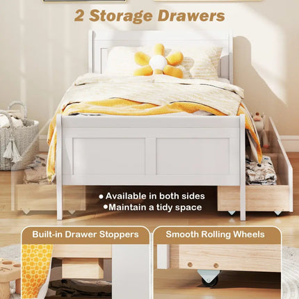 Twin Size Sleigh Bed with 2 Storage Drawers Wood Platform Bed Frame-White - White - Simple Bed Frame