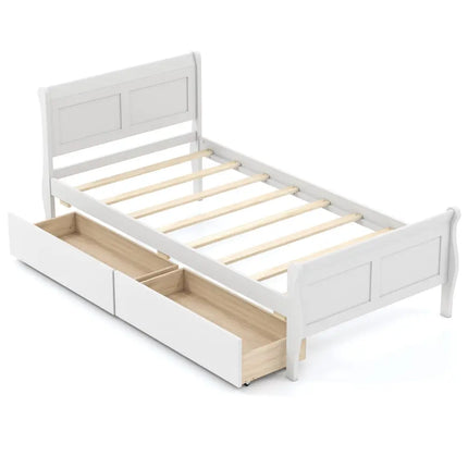 Twin Size Sleigh Bed with 2 Storage Drawers Wood Platform Bed Frame-White - White - Simple Bed Frame