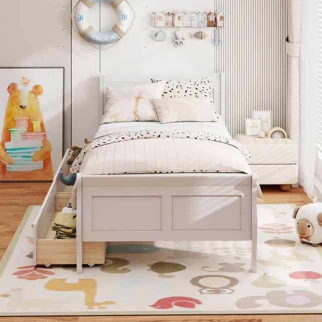 Twin Size Sleigh Bed with 2 Storage Drawers Wood Platform Bed Frame-White - White - Simple Bed Frame
