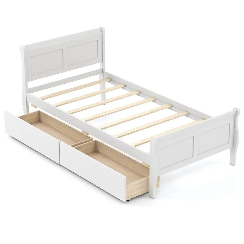Twin Size Sleigh Bed with 2 Storage Drawers Wood Platform Bed Frame-White - White - Simple Bed Frame