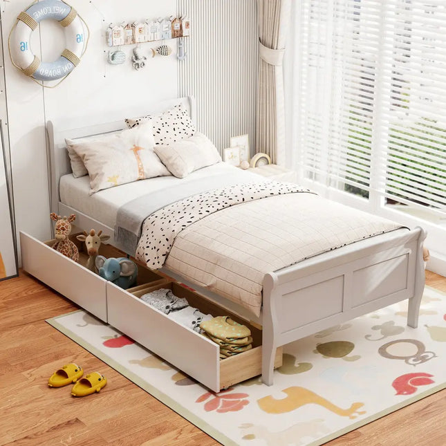Twin Size Sleigh Bed with 2 Storage Drawers Wood Platform Bed Frame-White - White - Simple Bed Frame