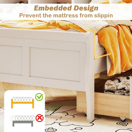Twin Size Sleigh Bed with 2 Storage Drawers Wood Platform Bed Frame-White - White - Simple Bed Frame