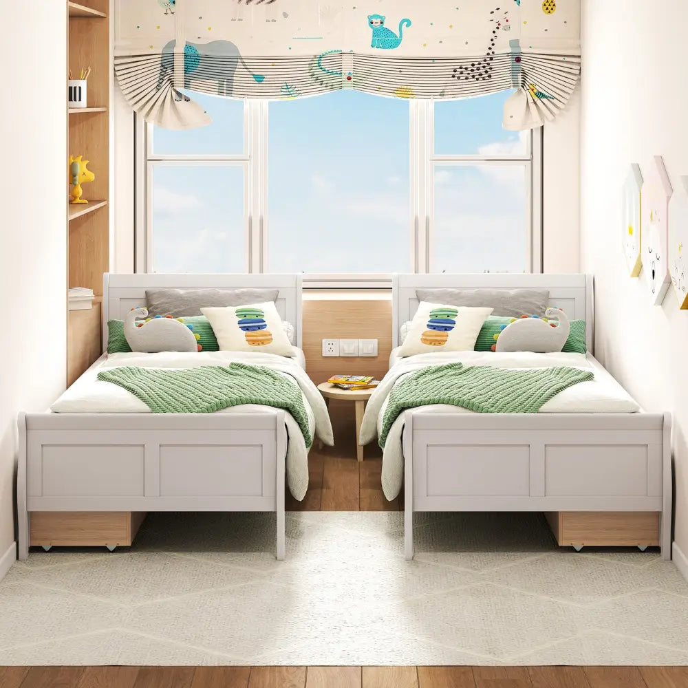 Twin Size Sleigh Bed with 2 Storage Drawers Wood Platform Bed Frame-White - White - Simple Bed Frame