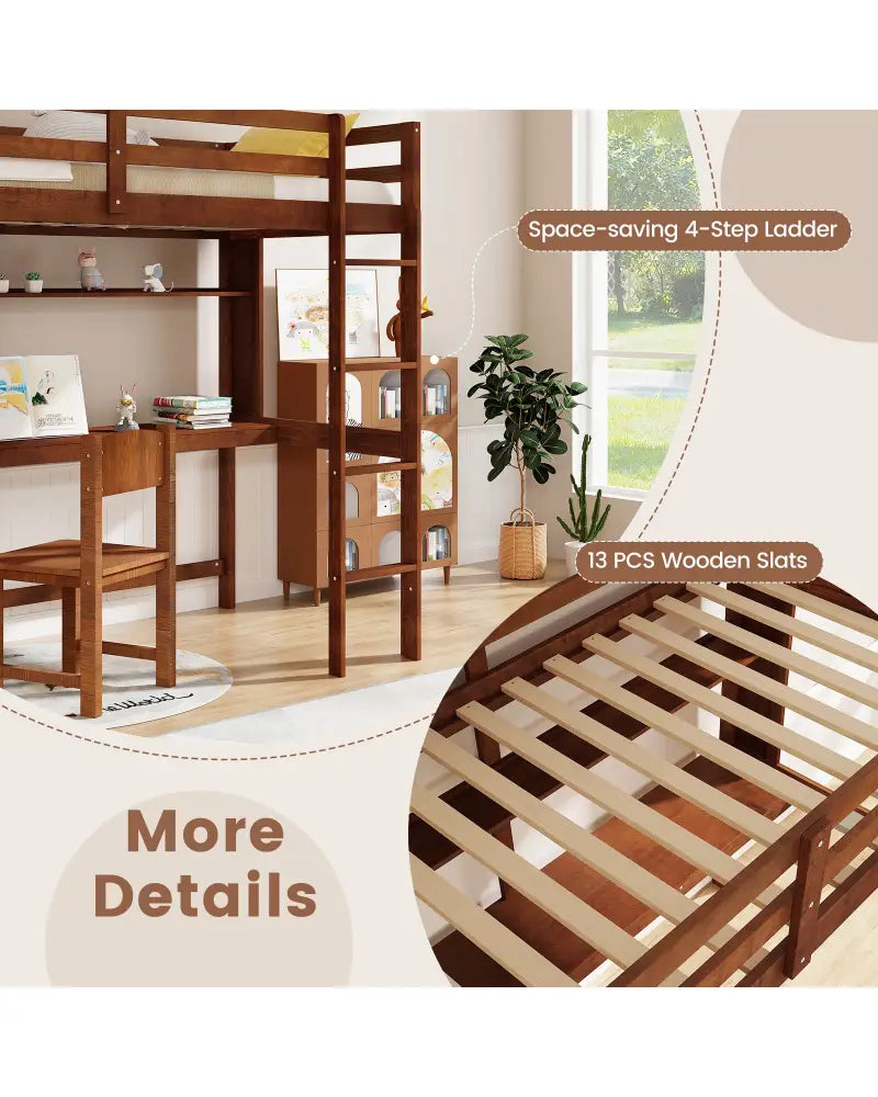 Twin Size Solid Wood Slatted Loft Bed Frame with Safety Guardrail for Kid-Brown - Brown - Bunk Bed Frame