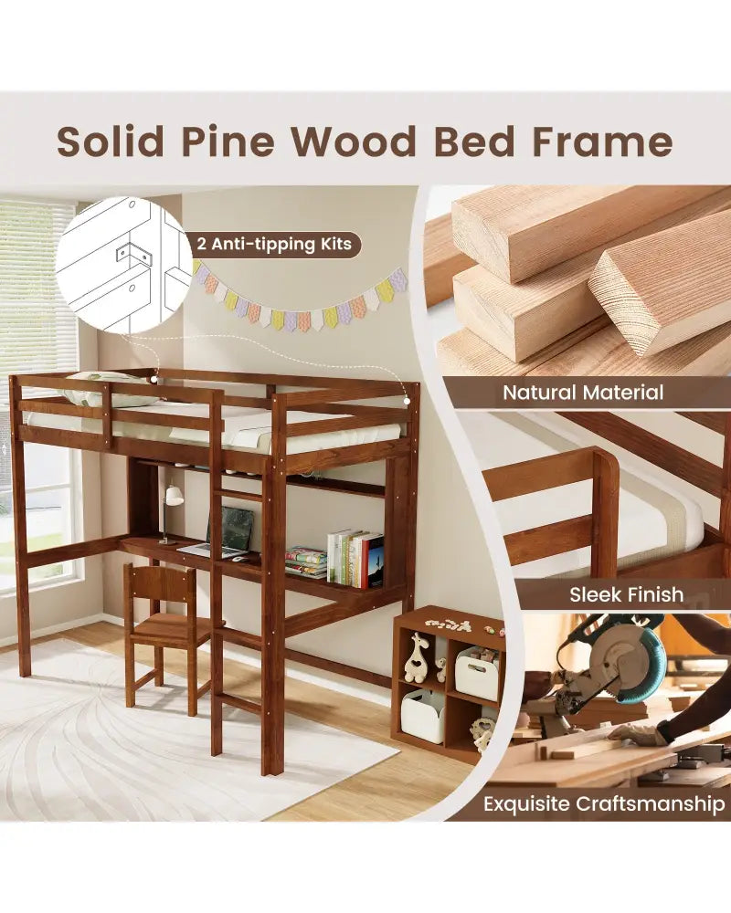 Twin Size Solid Wood Slatted Loft Bed Frame with Safety Guardrail for Kid-Brown - Brown - Bunk Bed Frame