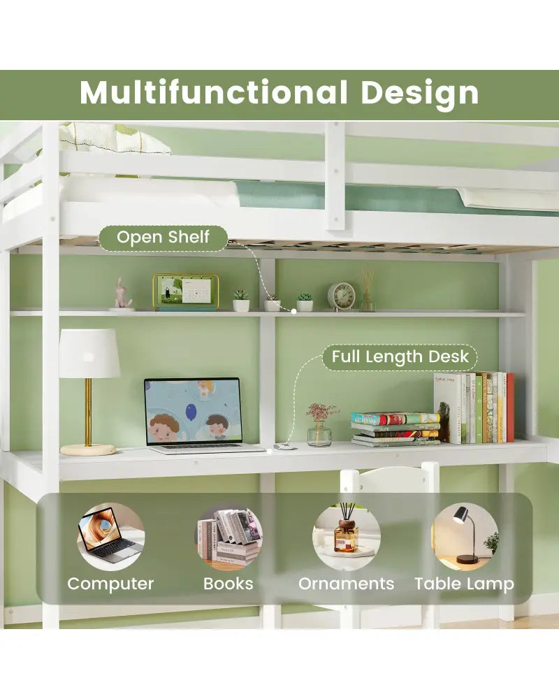 Twin Size Solid Wood Slatted Loft Bed Frame with Safety Guardrail for Kid-White - White - Bunk Bed Frame