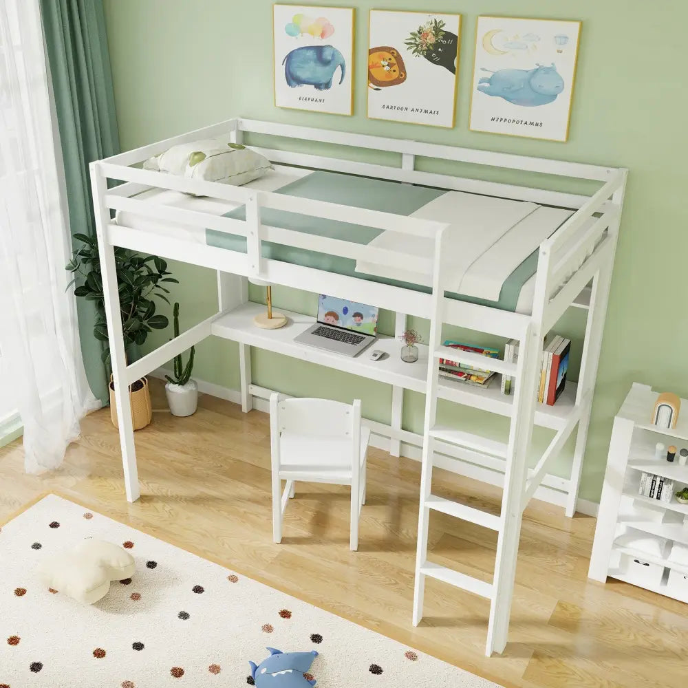 Twin Size Solid Wood Slatted Loft Bed Frame with Safety Guardrail for Kid-White - White - Bunk Bed Frame