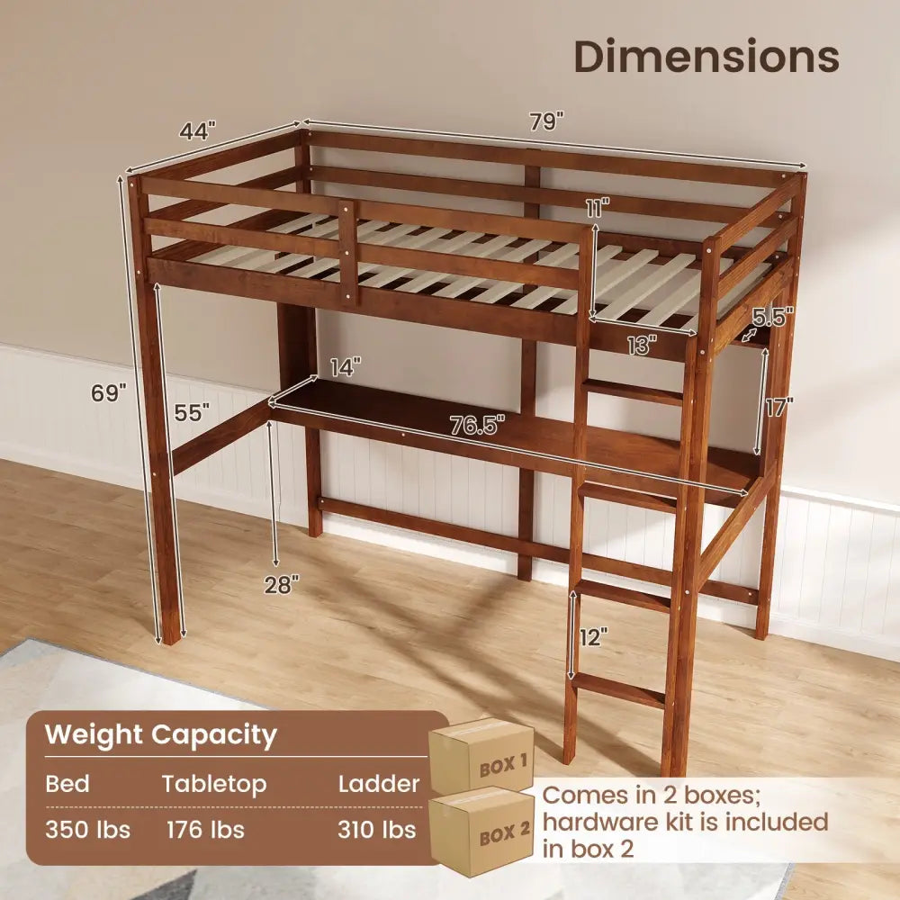 Twin Size Solid Wood Slatted Loft Bed Frame with Safety Guardrail for Kid-Brown - Brown - Bunk Bed Frame