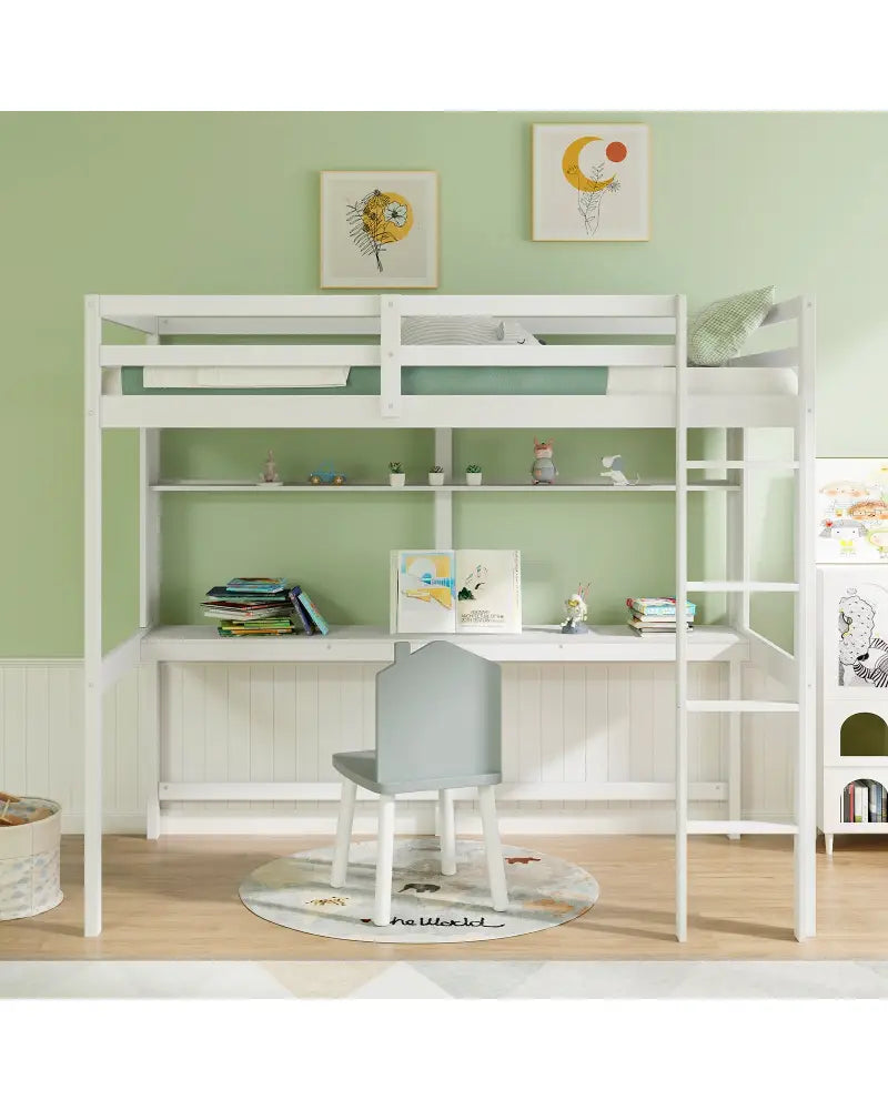 Twin Size Solid Wood Slatted Loft Bed Frame with Safety Guardrail for Kid-White - White - Bunk Bed Frame
