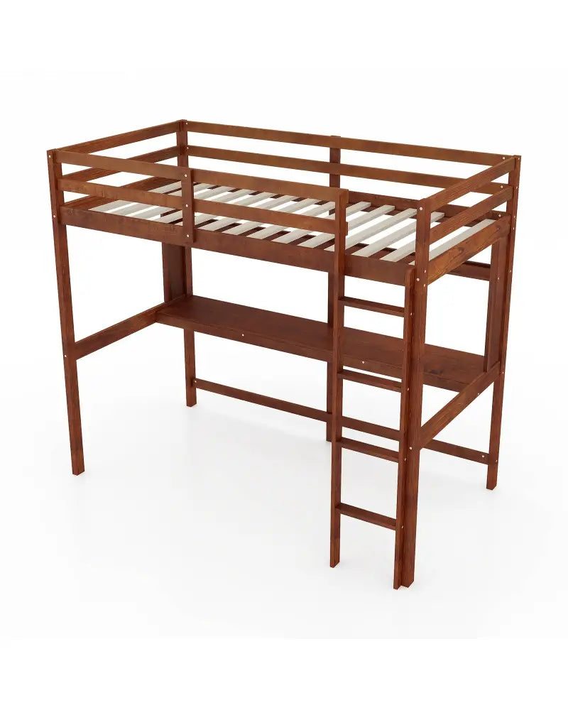 Twin Size Solid Wood Slatted Loft Bed Frame with Safety Guardrail for Kid-Brown - Brown - Bunk Bed Frame