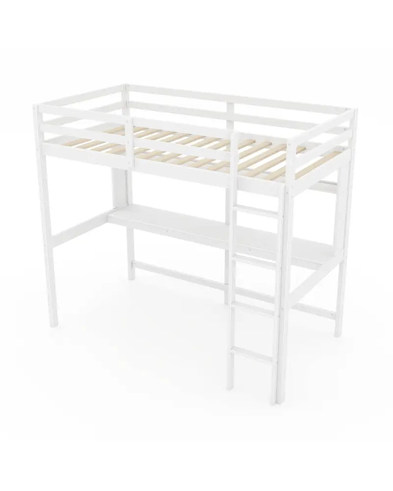 Twin Size Solid Wood Slatted Loft Bed Frame with Safety Guardrail for Kid-White - White - Bunk Bed Frame