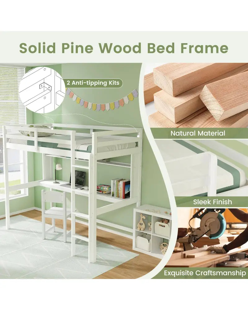 Twin Size Solid Wood Slatted Loft Bed Frame with Safety Guardrail for Kid-White - White - Bunk Bed Frame