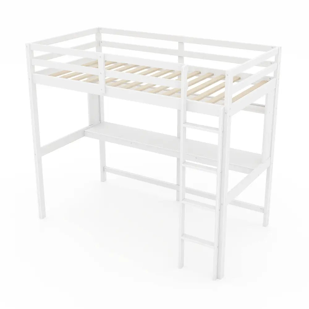 Twin Size Solid Wood Slatted Loft Bed Frame with Safety Guardrail for Kid-White - White - Bunk Bed Frame