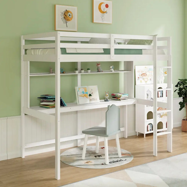 Twin Size Solid Wood Slatted Loft Bed Frame with Safety Guardrail for Kid-White - White - Bunk Bed Frame