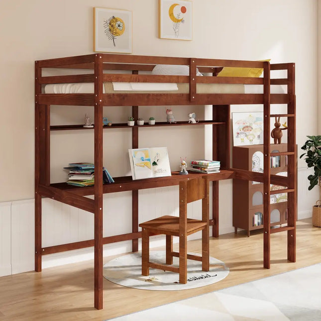 Twin Size Solid Wood Slatted Loft Bed Frame with Safety Guardrail for Kid-Brown - Brown - Bunk Bed Frame